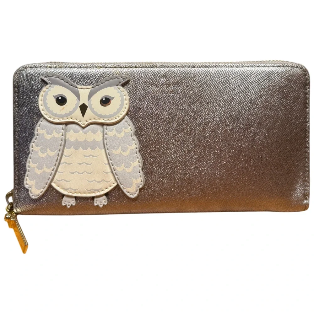 KATE SPADE NY Star Bright Owl Silver Metallic Zip Around Continental Wallet